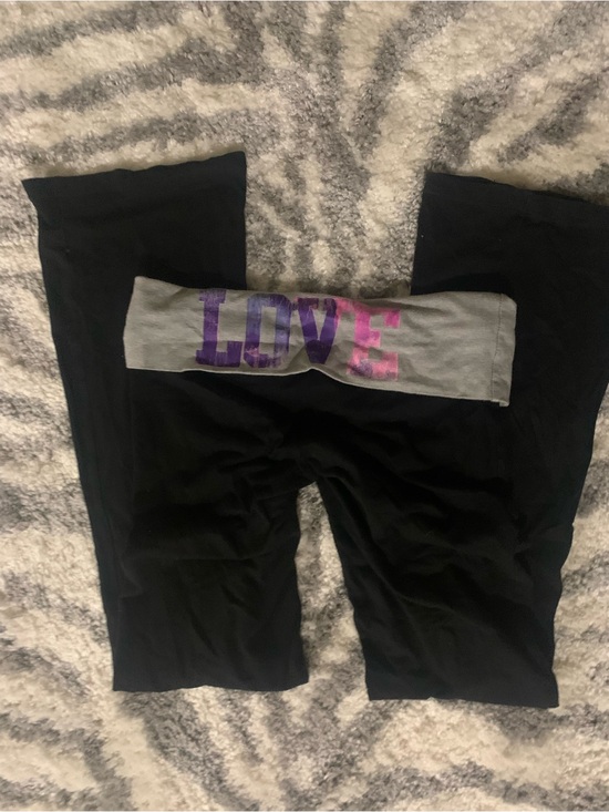 Pants - Black Fold-Over Waist Leggings with Grey 'LOVE' Band